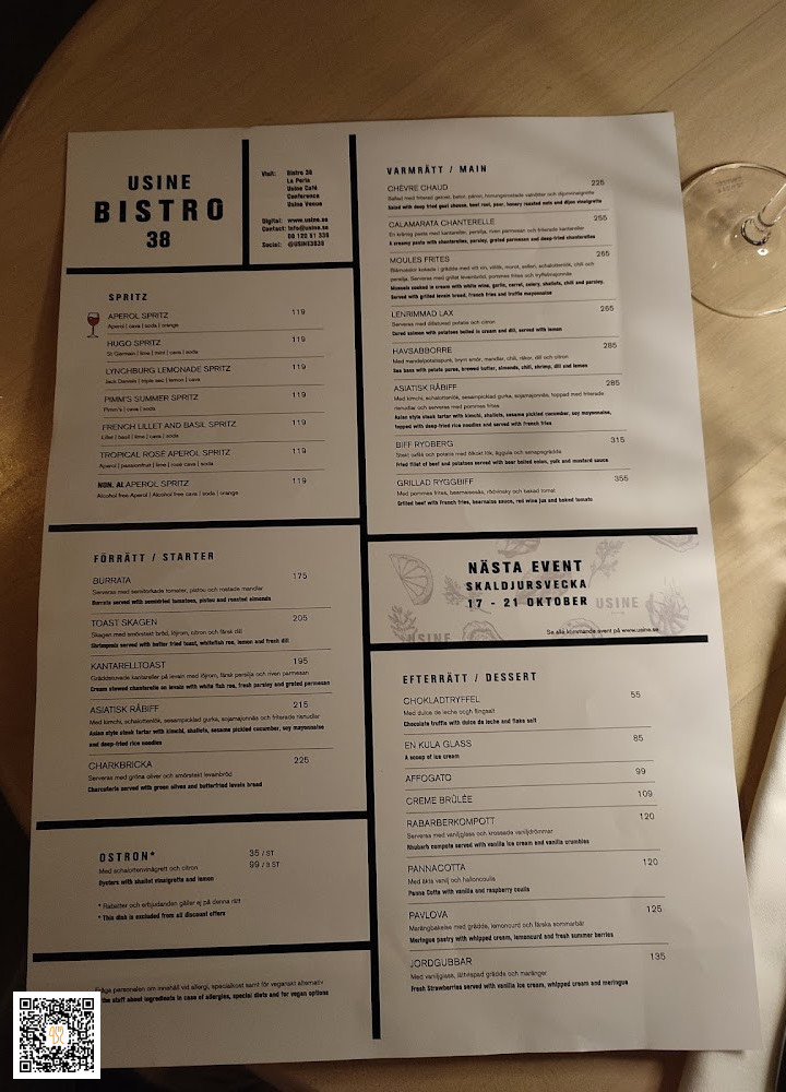 Usine Bistro 38, Restaurang Meny