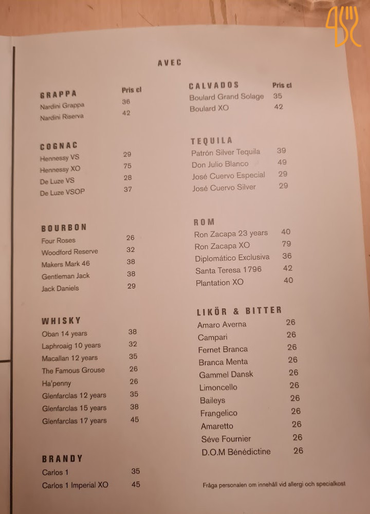 Usine Bistro 38, Restaurang Meny