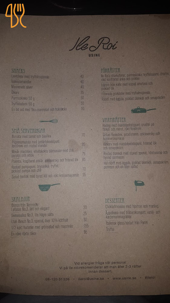 Usine Bistro 38, Restaurang Meny
