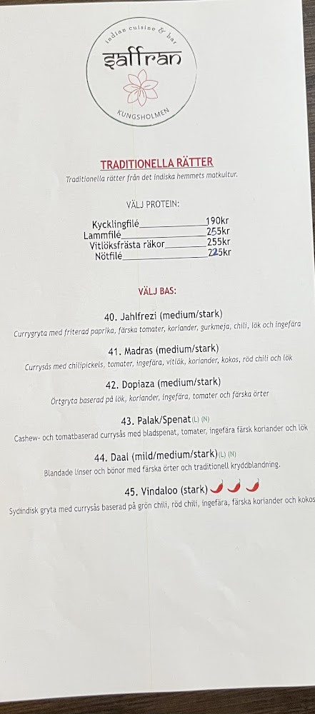Saffran Indiska Resturant Meny