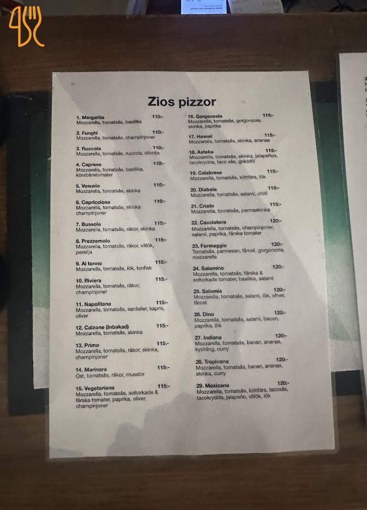 Zios Pasta Pizza Italian Meny