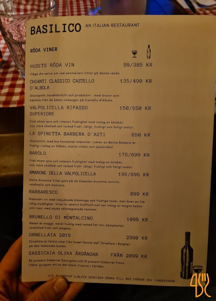 Restaurang Basilico Meny