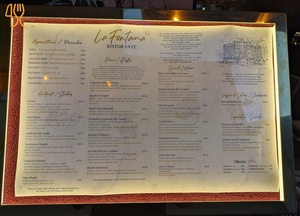 La Fontana Italiensk Restaurang Visby Meny