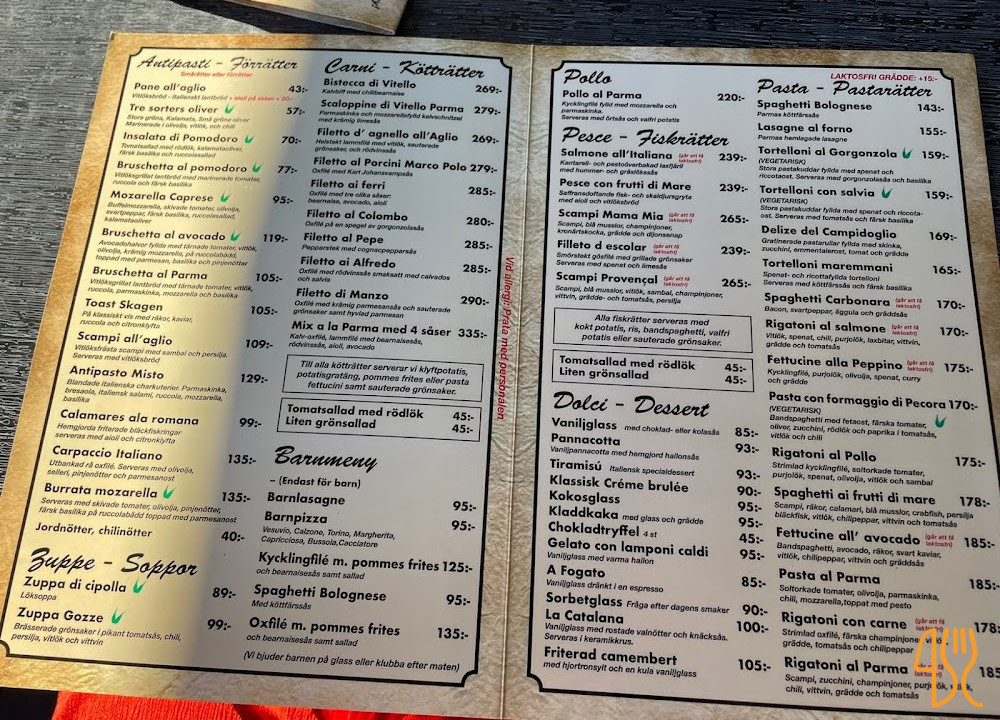 Parma Pizzeria Meny